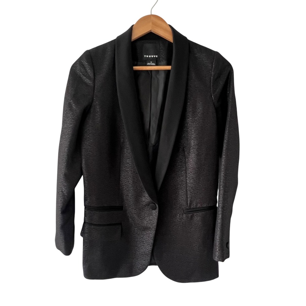Trouve Blazer Womens XS Black Metallic Textured Tuxedo Evening Party Jacket